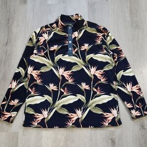 Tommy Bahama Men Large CLOUD PEAK FRONDS Bering Navy Blue FLEECE Tropical T Snap